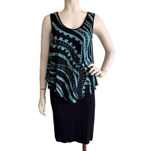 MISSING POLYNESIA Dress Black Turquoise Print Hawaiian Aloha Tribal Print Size 1